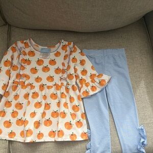 Pumpkin Print Dress and Striped Leggings Set